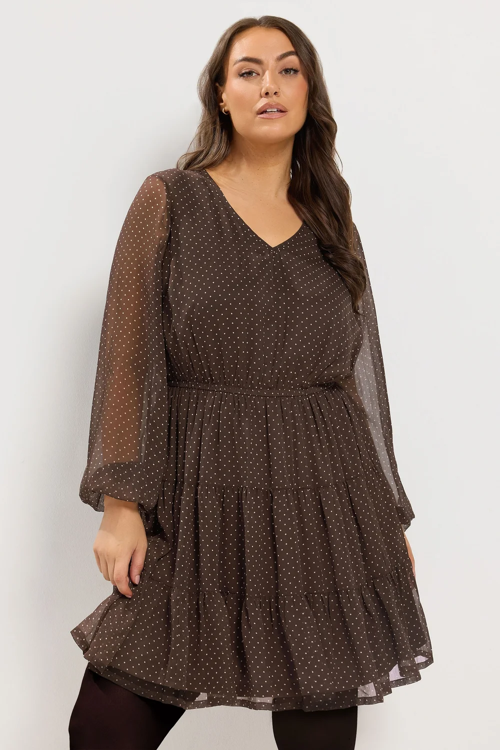 Yours Curve Chocolate Brown Polka Dot Tiered Dress - 12 Image 1