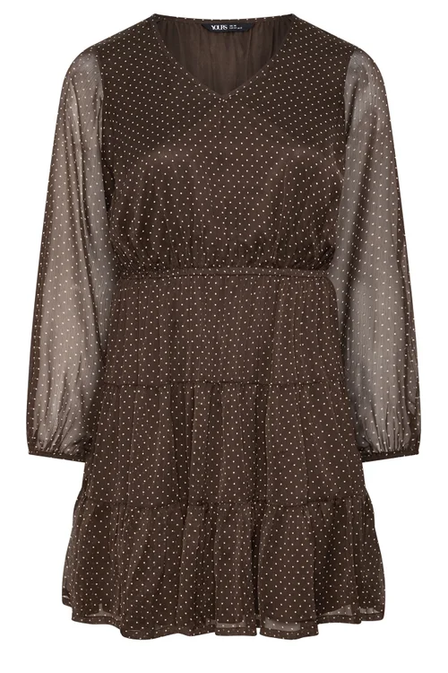 Yours Curve Chocolate Brown Polka Dot Tiered Dress - 12 Image 5