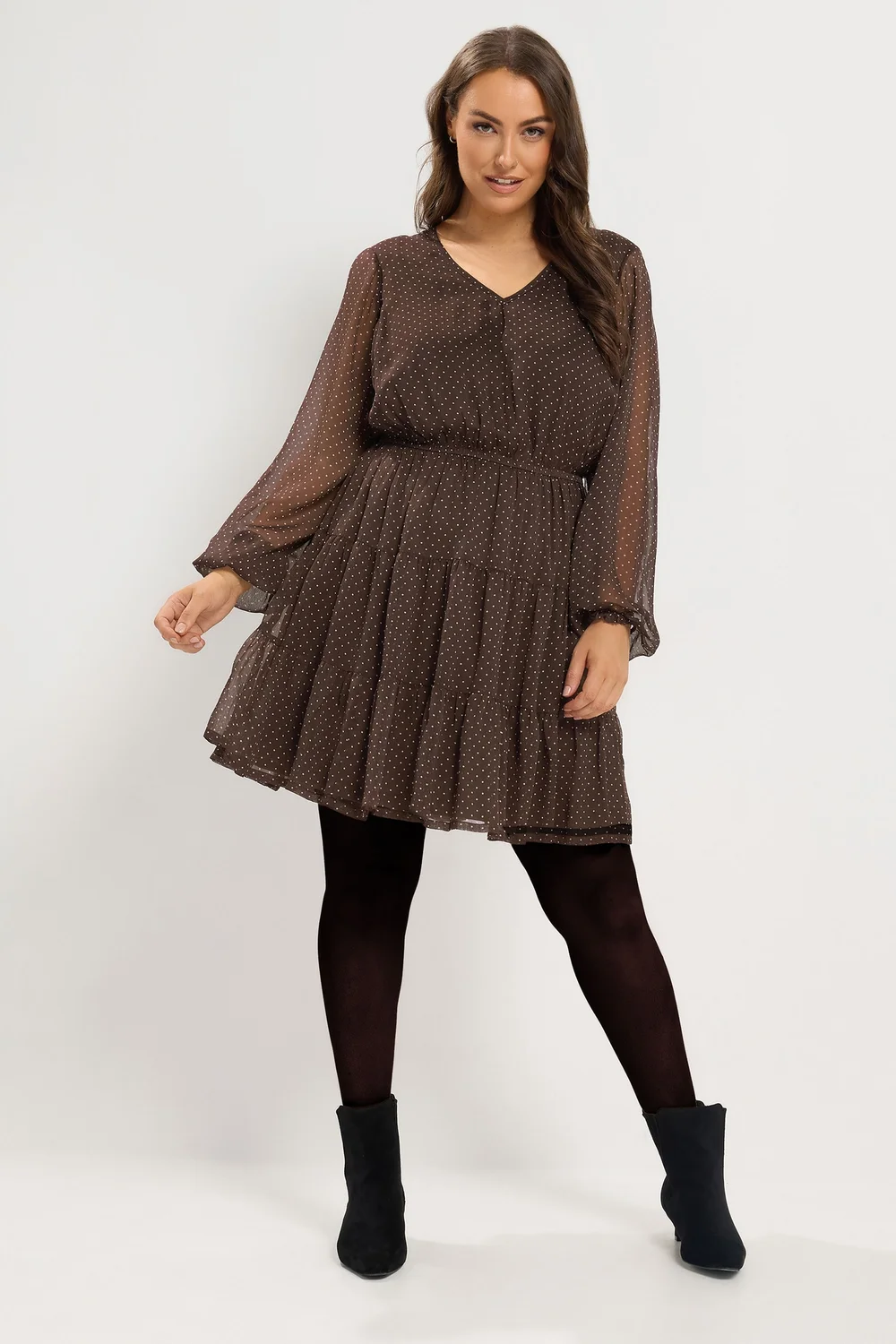 Yours Curve Chocolate Brown Polka Dot Tiered Dress - 12 Image 2
