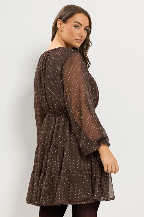 Yours Curve Chocolate Brown Polka Dot Tiered Dress - 12 Image 3