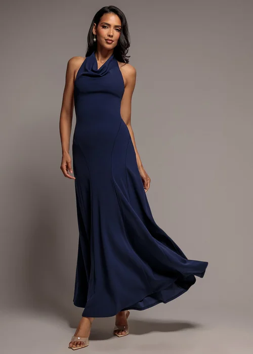 Goddiva Navy Halterneck Cowl Neck Backless Scuba Crepe Maxi Dress - 14 Image 1