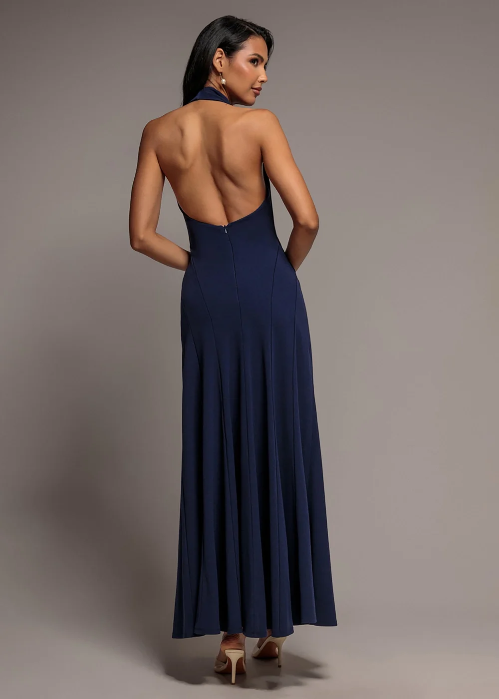Goddiva Navy Halterneck Cowl Neck Backless Scuba Crepe Maxi Dress - 14 Image 2