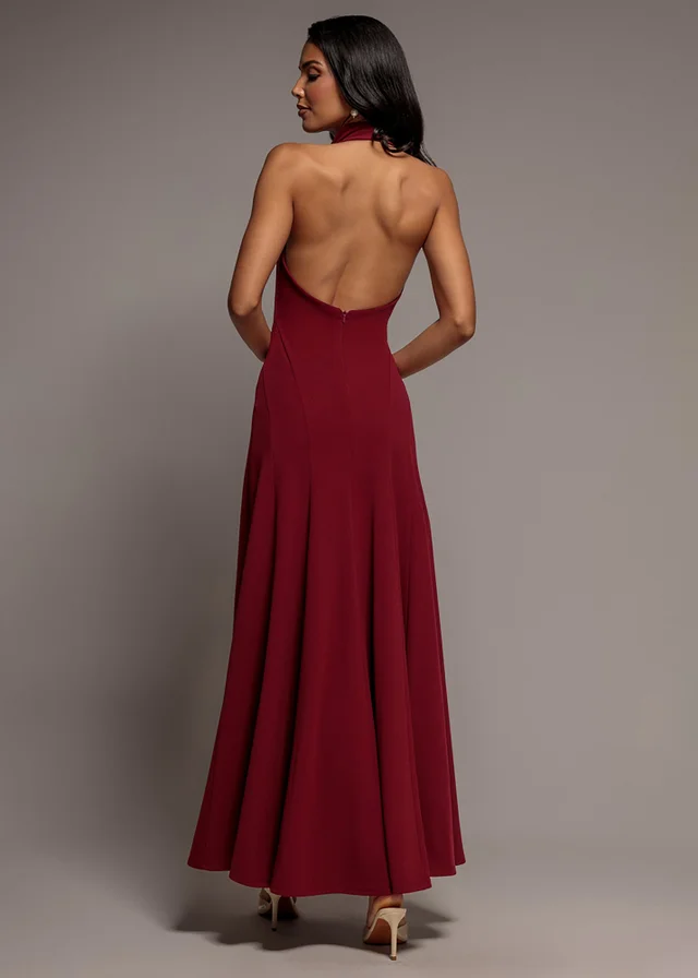Goddiva Burgundy Halterneck Cowl Neck Backless Scuba Crepe Maxi Dress