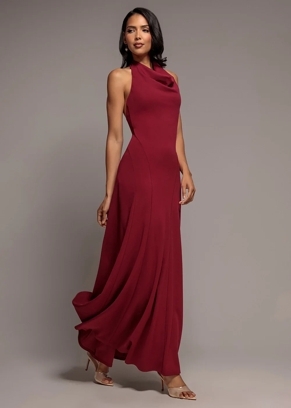 Goddiva Burgundy Halterneck Cowl Neck Backless Scuba Crepe Maxi Dress - 12 Image 1