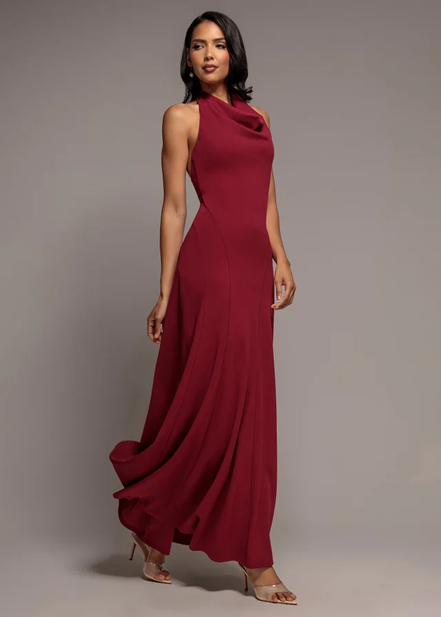 Goddiva Burgundy Halterneck Cowl Neck Backless Scuba Crepe Maxi Dress