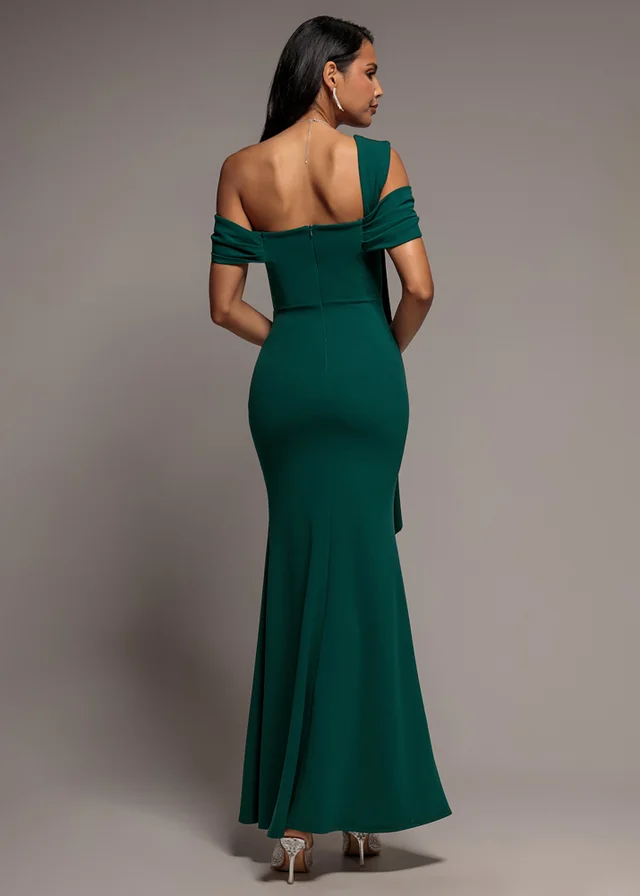 Goddiva Emerald One Shoulder Twisted Bardot Asymmetric Mermaid Maxi Dress