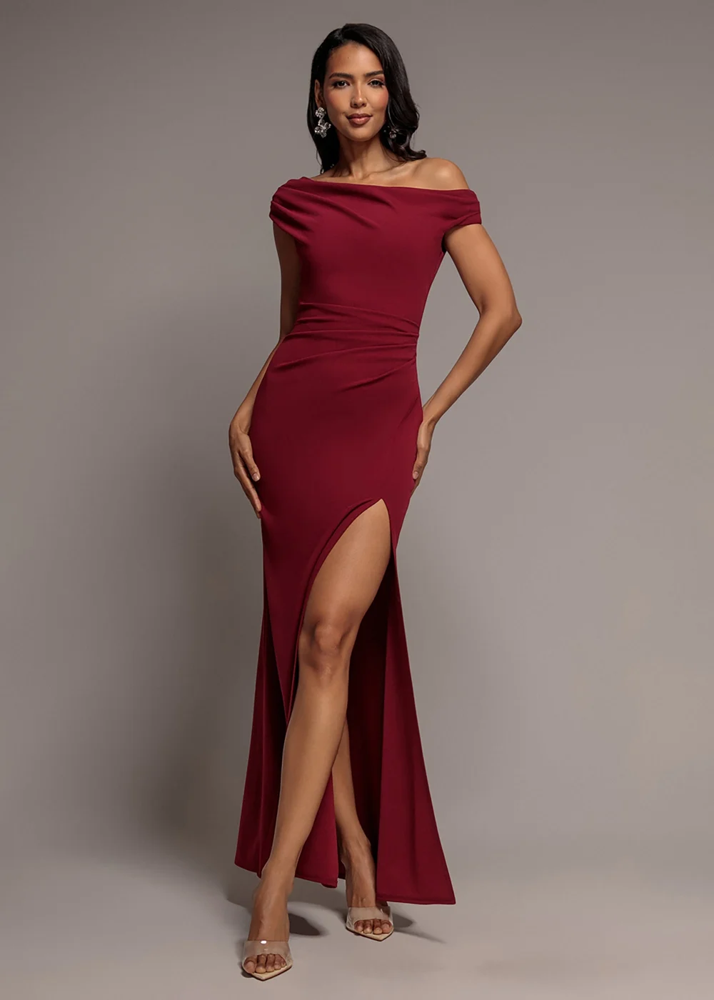 Goddiva Burgundy Asymmetric One Shoulder Front Split Scuba Crepe Maxi Dress - 18 Image 1