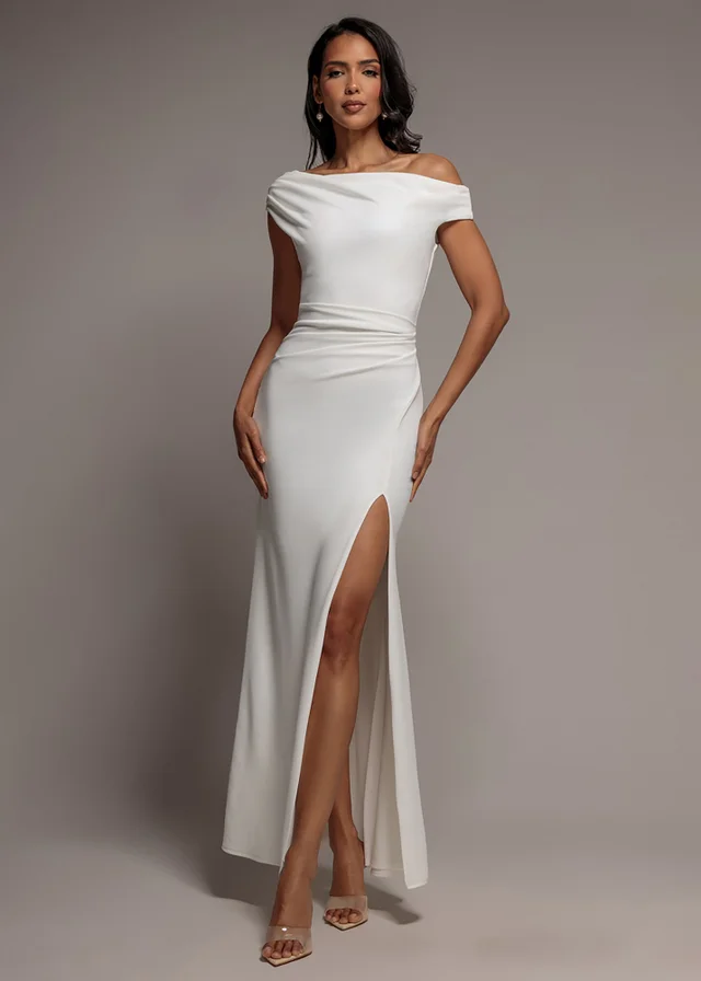 Goddiva White Asymmetric One Shoulder Front Split Scuba Crepe Maxi Dress