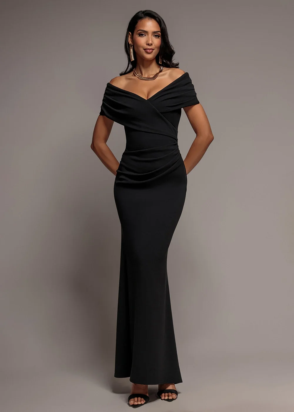 Goddiva Black Pleated Bardot Wrap Mermaid Maxi Dress - 10 Image 1