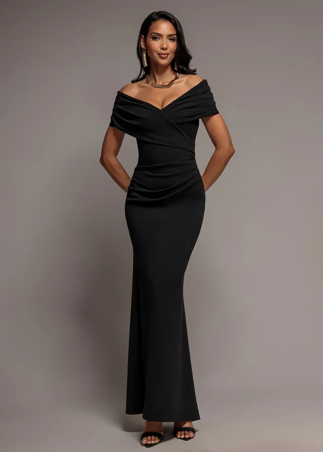 Goddiva Black Pleated Bardot Wrap Mermaid Maxi Dress