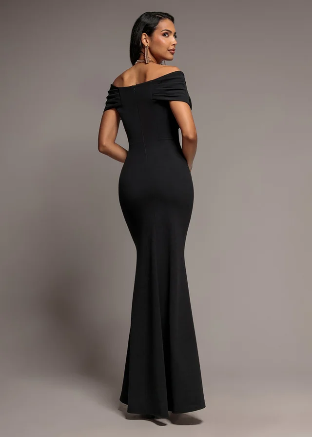 Goddiva Black Pleated Bardot Wrap Mermaid Maxi Dress