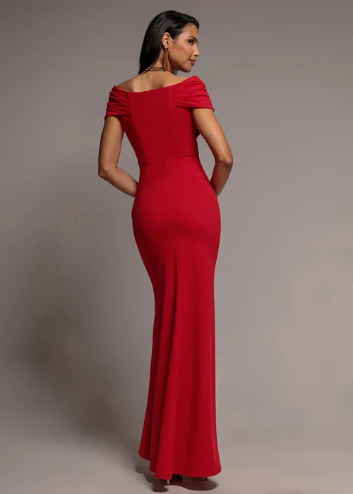 Goddiva Red Pleated Bardot Wrap Mermaid Maxi Dress - 14 Image 2