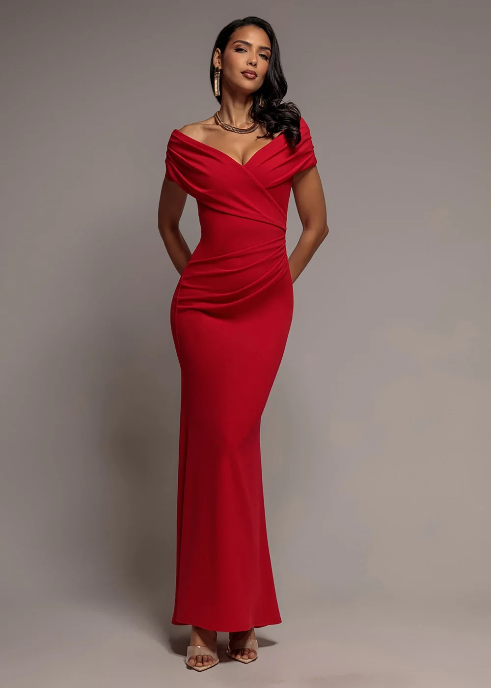 Goddiva Red Pleated Bardot Wrap Mermaid Maxi Dress - 14 Image 1