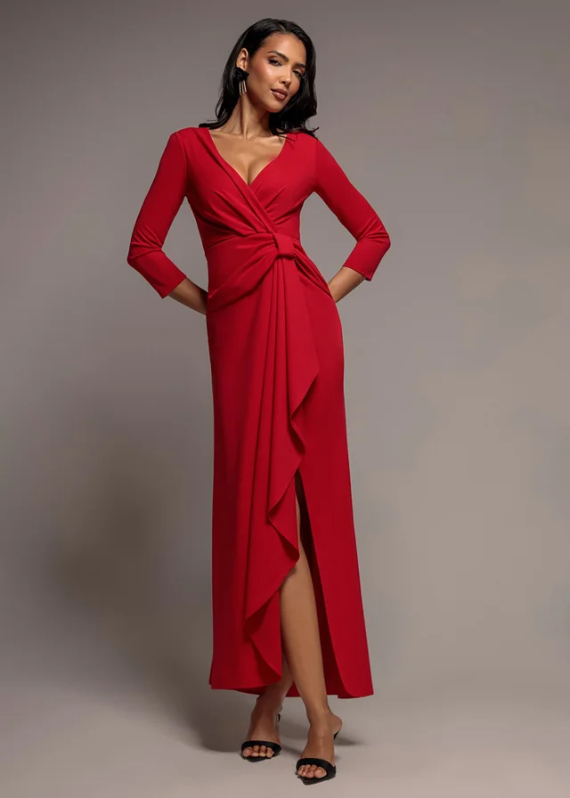 Goddiva Red Front Wrap Asymmetric Hem Scuba Maxi Dress