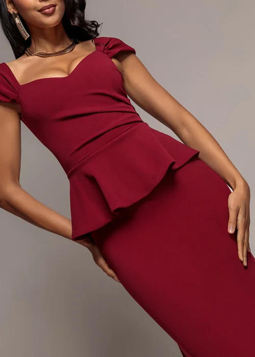 Goddiva Burgundy Cap Sleeve Sweetheart Peplum Scuba Maxi Dress - 16 Image 3