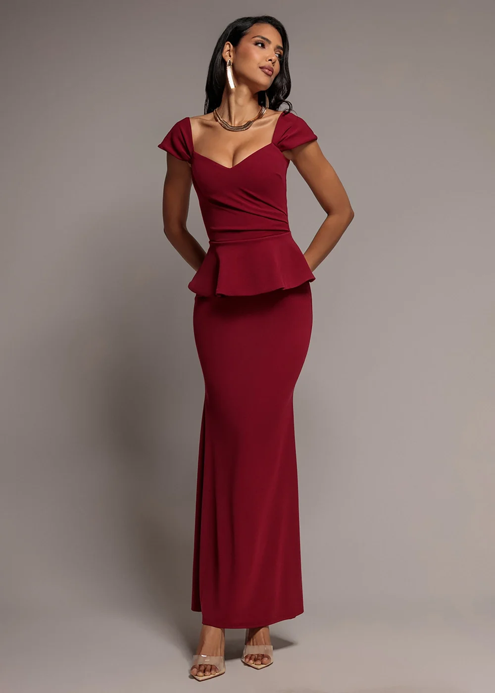 Goddiva Burgundy Cap Sleeve Sweetheart Peplum Scuba Maxi Dress - 16 Image 1