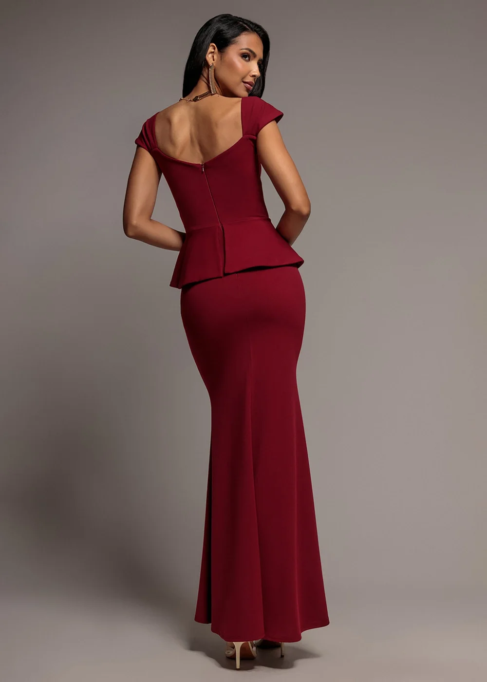 Goddiva Burgundy Cap Sleeve Sweetheart Peplum Scuba Maxi Dress - 16 Image 2