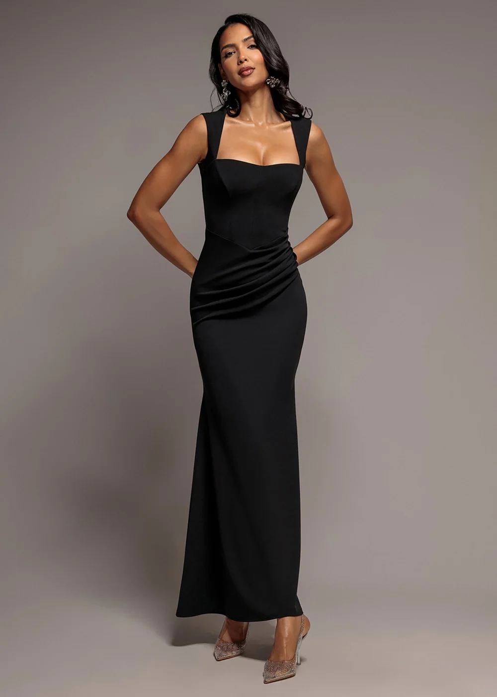 Goddiva Black Sleeveless Waist Pleated Scuba Crepe Maxi Dress - 8 Image 1