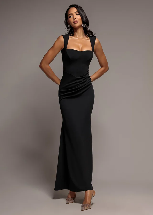 Goddiva Black Sleeveless Waist Pleated Scuba Crepe Maxi Dress