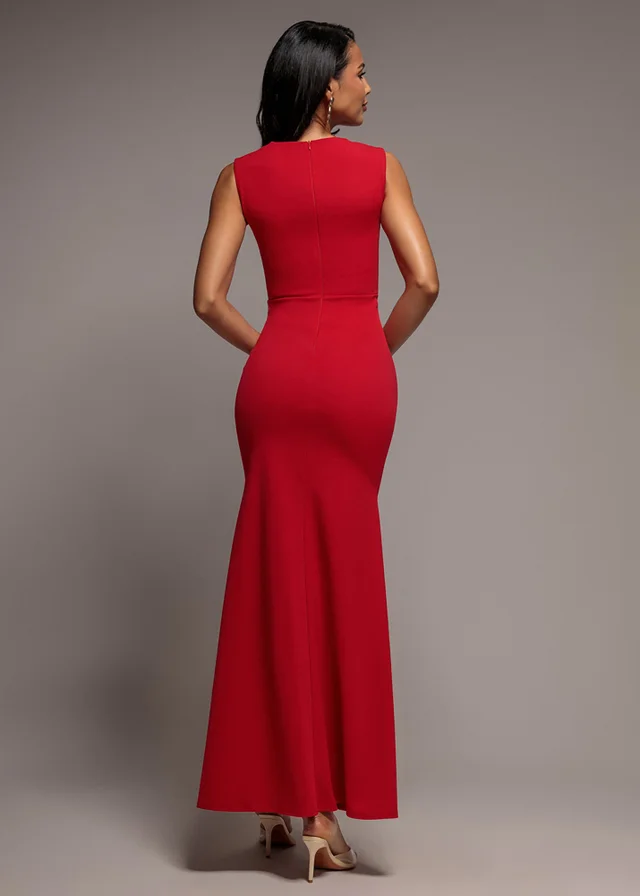 Goddiva Red Sleeveless Waist Pleated Scuba Crepe Maxi Dress