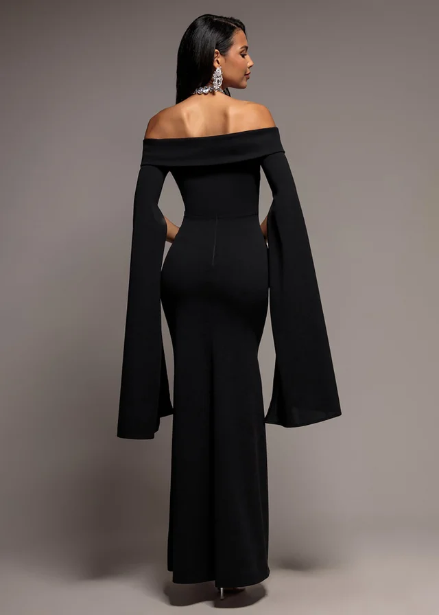 Goddiva Black Off Shoulder Bardot Maxi Dress With Split Cape Sleeves