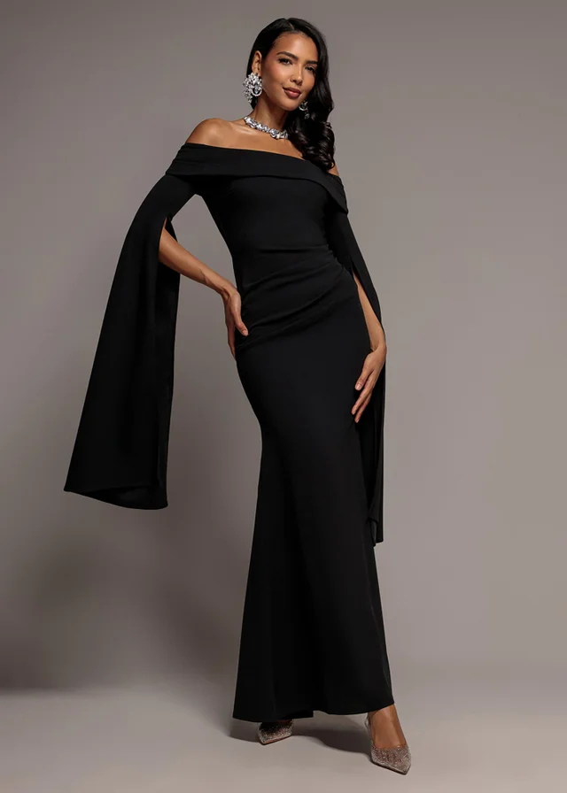 Goddiva Black Off Shoulder Bardot Maxi Dress With Split Cape Sleeves