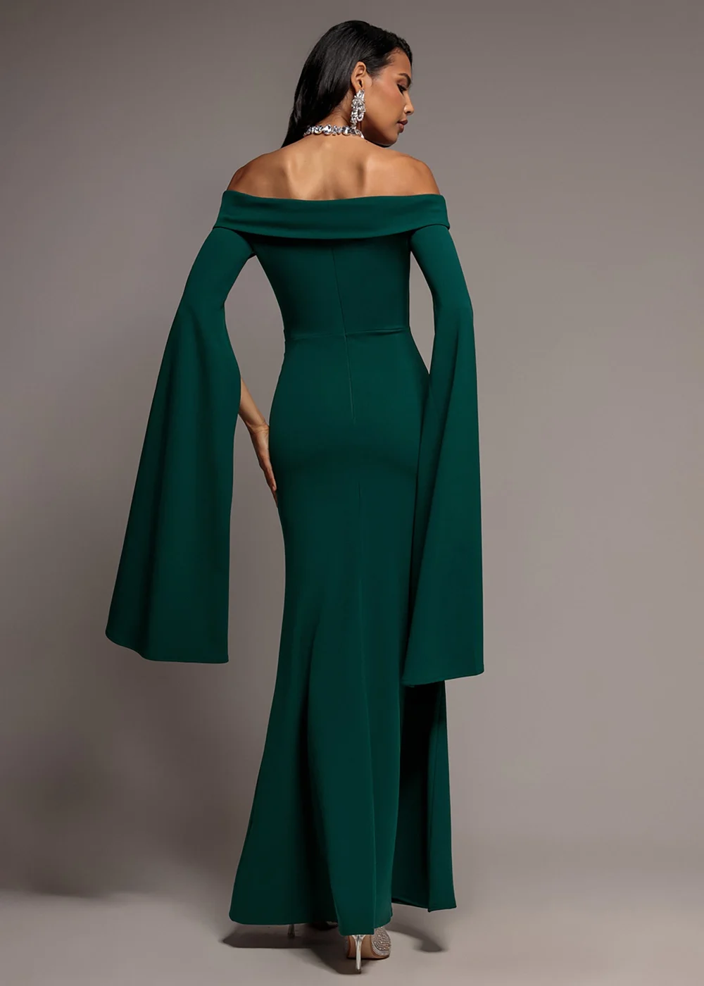 Goddiva Emerald Off Shoulder Bardot Maxi Dress With Split Cape Sleeves - 12 Image 2