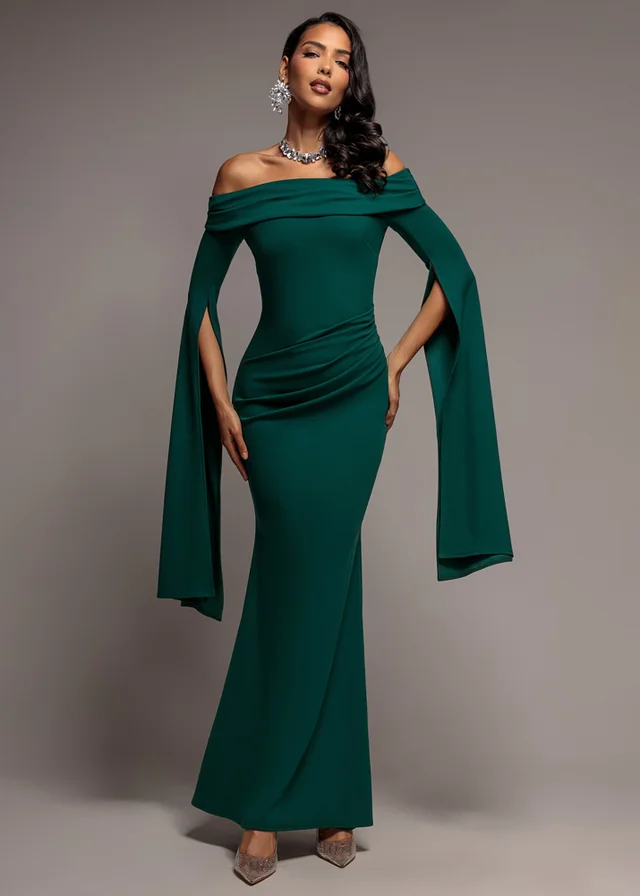 Goddiva Emerald Off Shoulder Bardot Maxi Dress With Split Cape Sleeves