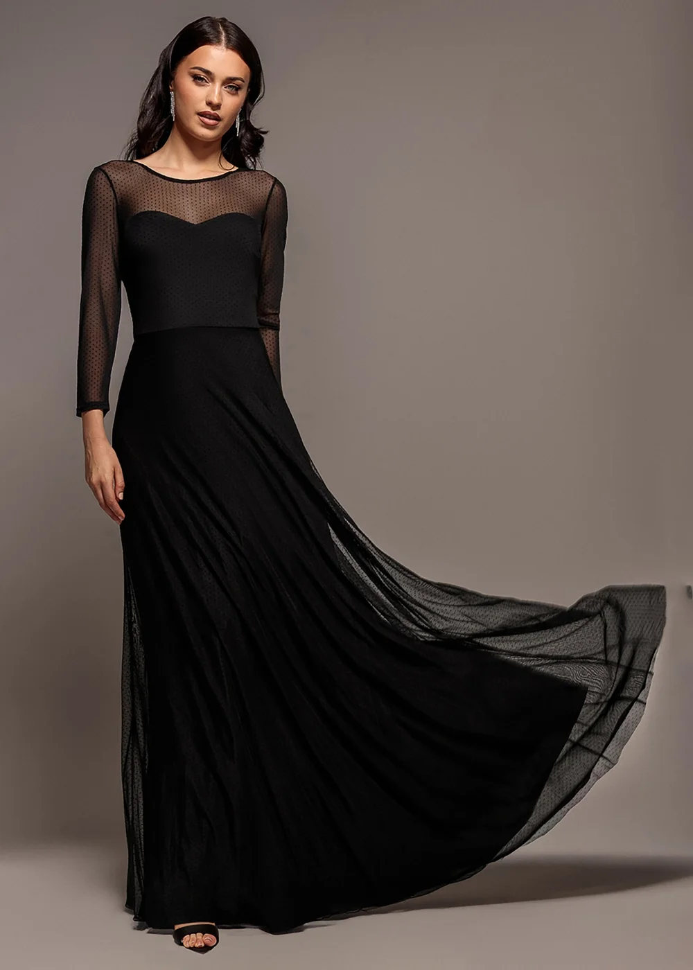 Goddiva Black Sheer Sleeve Dobby Mesh Sweetheart A Line Maxi Dress - 10 Image 1