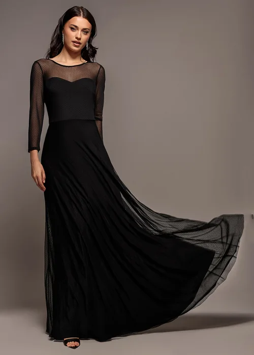 Goddiva Black Sheer Sleeve Dobby Mesh Sweetheart A Line Maxi Dress - 10 Image 1