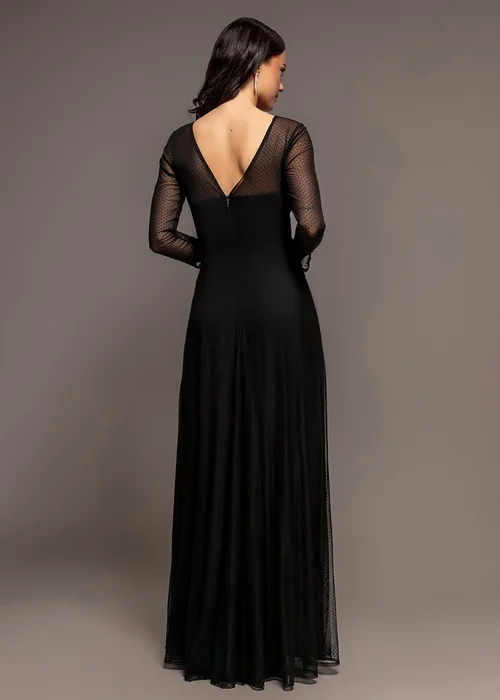 Goddiva Black Sheer Sleeve Dobby Mesh Sweetheart A Line Maxi Dress - 10 Image 2