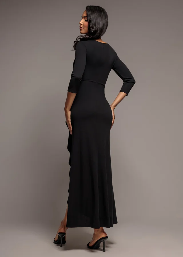 Goddiva Black Front Wrap Asymmetric Hem Scuba Maxi Dress