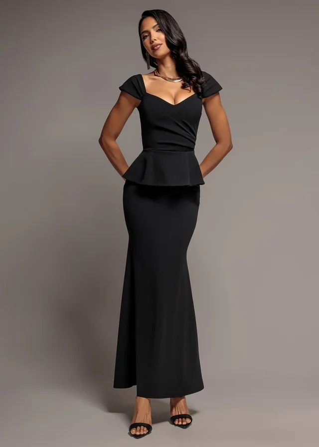 Goddiva Black Cap Sleeve Sweetheart Peplum Scuba Maxi Dress