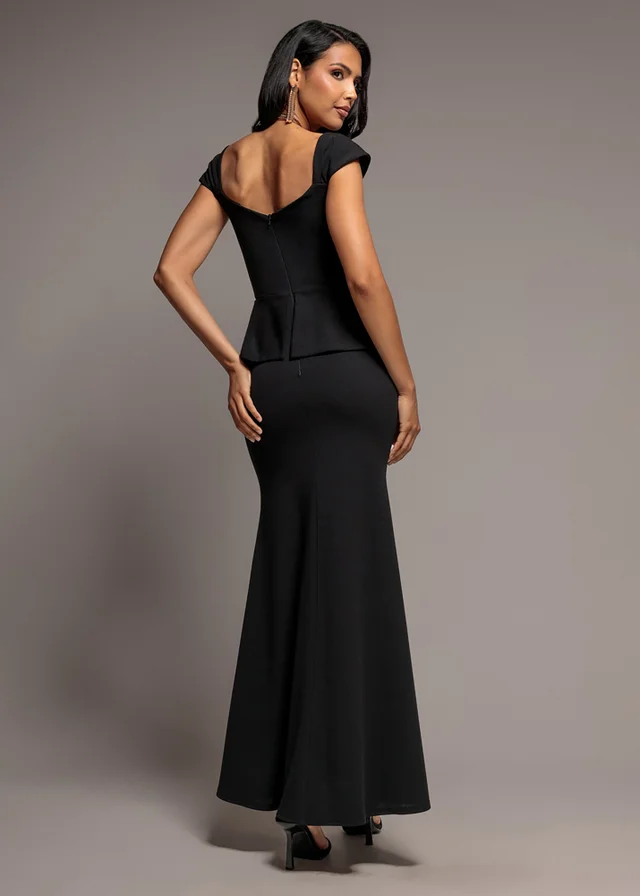 Goddiva Black Cap Sleeve Sweetheart Peplum Scuba Maxi Dress