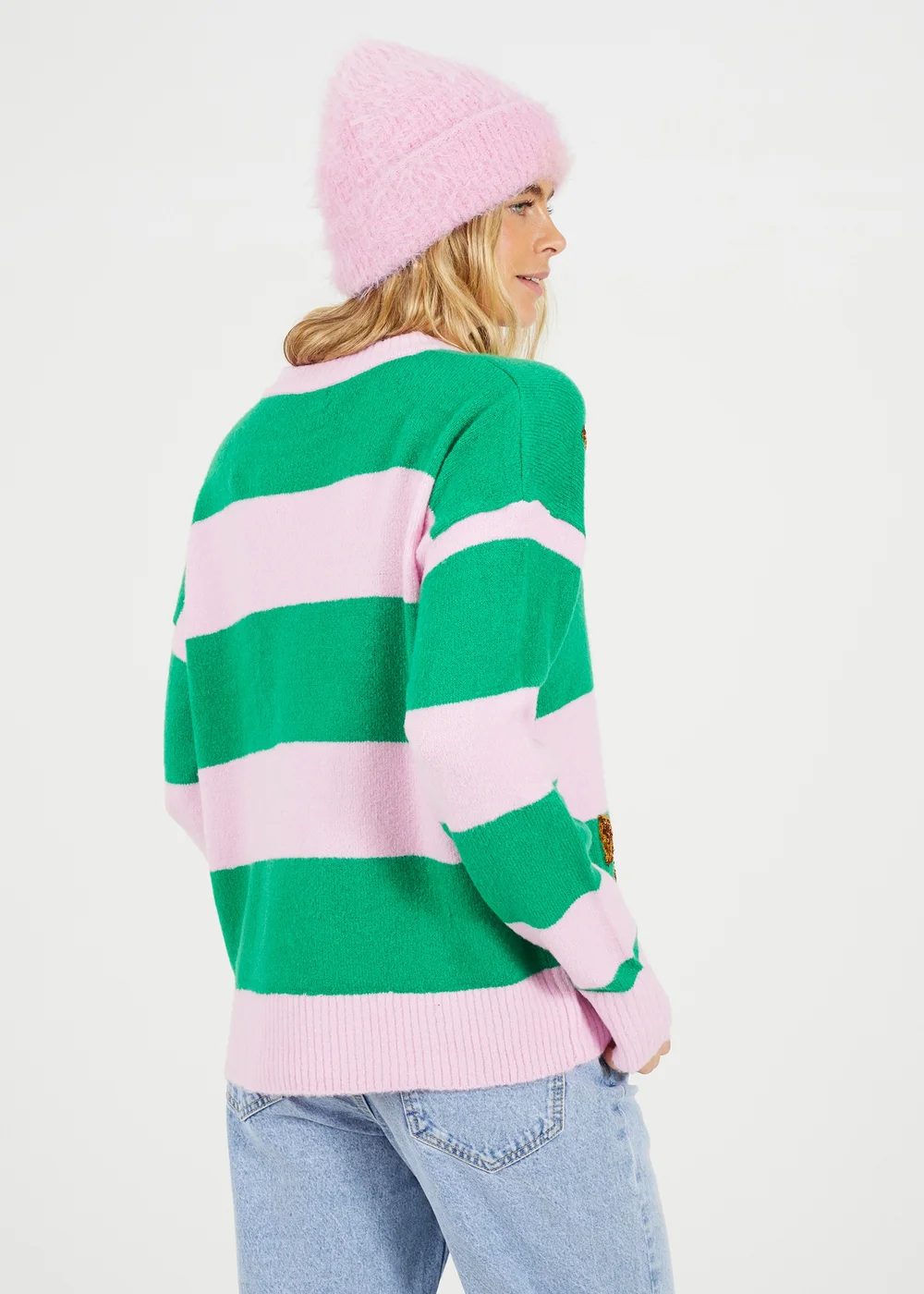 Brave Soul Pink Sequin Bow Stripe Christmas Jumper - S Image 2
