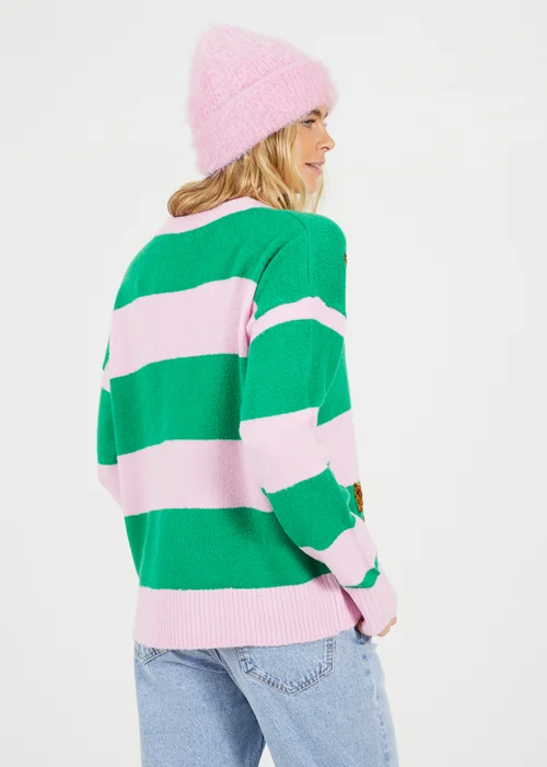 Brave Soul Pink Sequin Bow Stripe Christmas Jumper - S Image 2