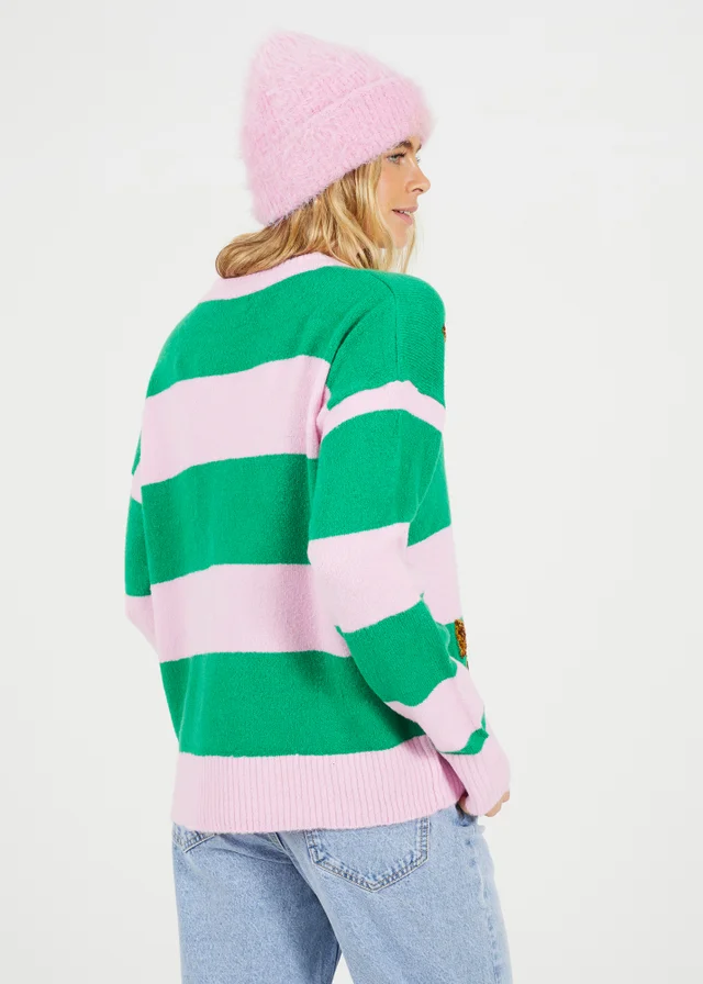 Brave Soul Pink Sequin Bow Stripe Christmas Jumper