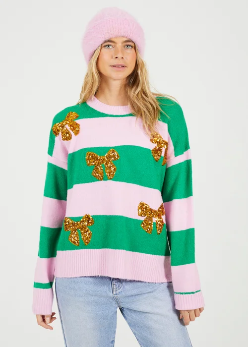 Brave Soul Pink Sequin Bow Stripe Christmas Jumper - S Image 1