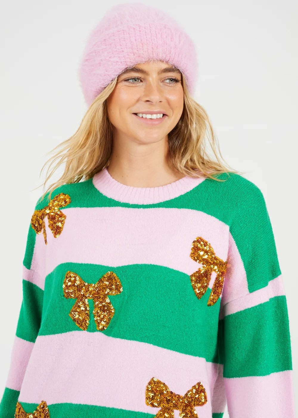 Brave Soul Pink Sequin Bow Stripe Christmas Jumper - S Image 4