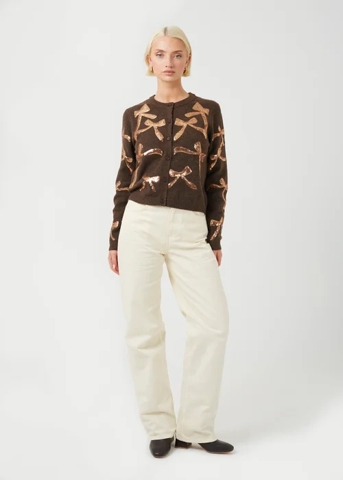 Brave Soul Brown Sequin Bow Appliqué Cardigan - S Image 3