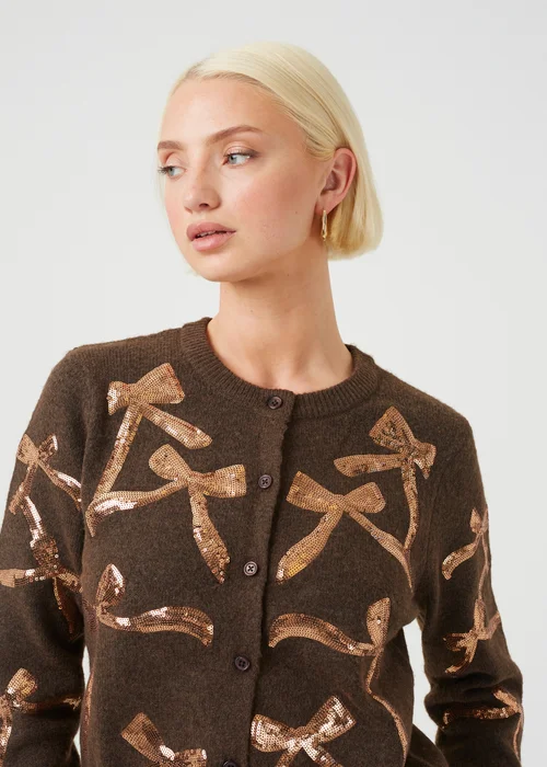 Brave Soul Brown Sequin Bow Appliqué Cardigan - S Image 4