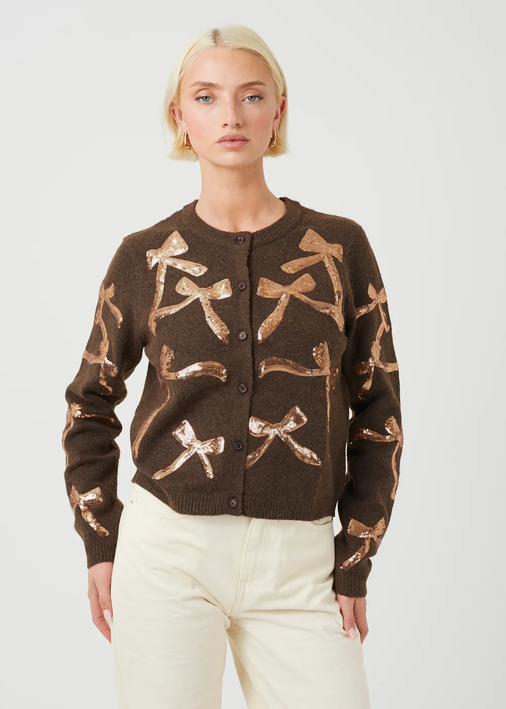 Brave Soul Brown Sequin Bow Appliqué Cardigan - S Image 1