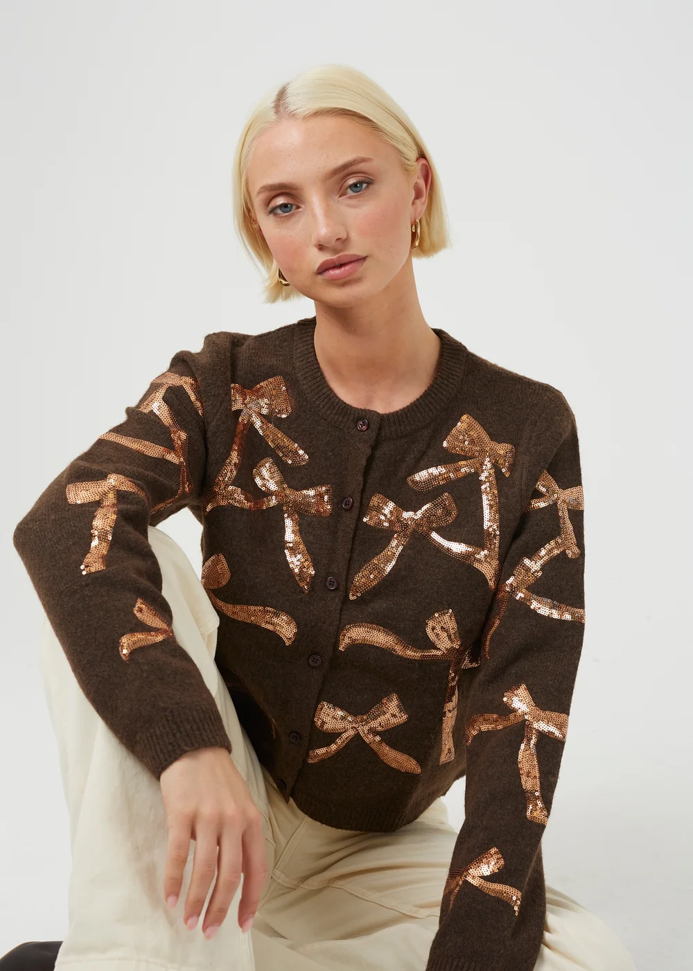 Brave Soul Brown Sequin Bow Appliqué Cardigan - S Image 5