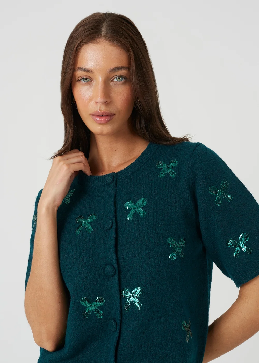 Brave Soul Teal Sequin Bow Embellished Short Sleeve Cardigan - L Image 4