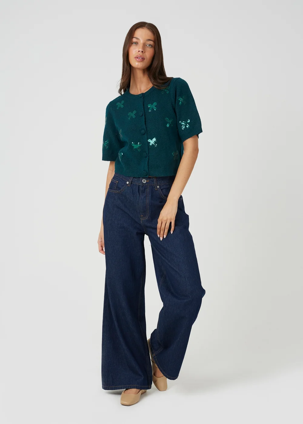 Brave Soul Teal Sequin Bow Embellished Short Sleeve Cardigan - L Image 3