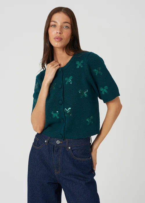 Brave Soul Teal Sequin Bow Embellished Short Sleeve Cardigan - L Image 1