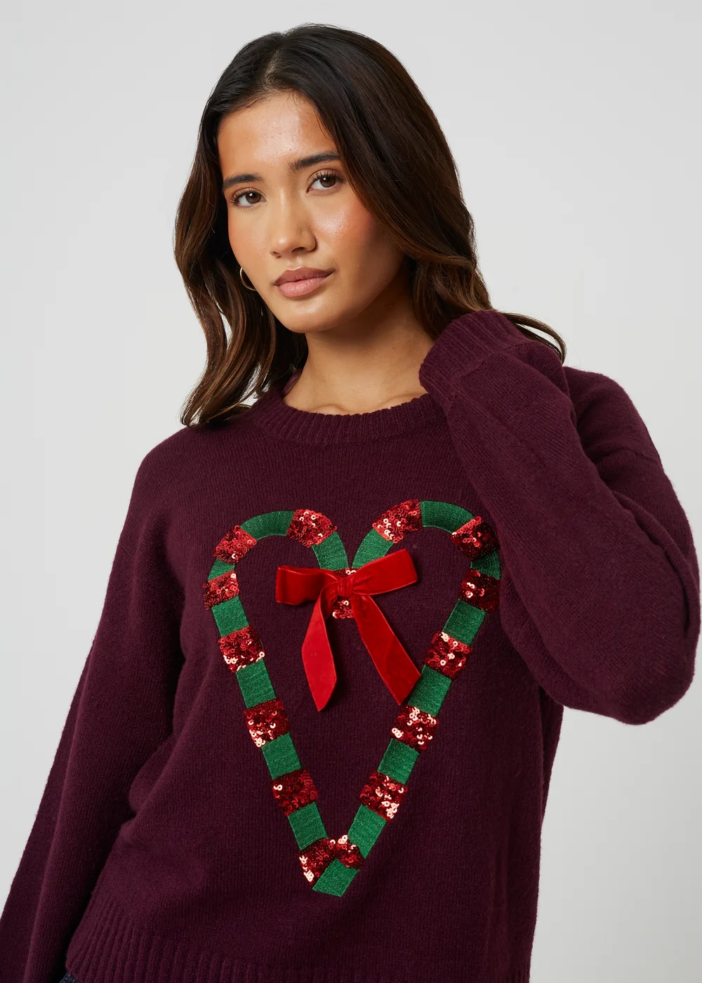 Brave Soul Burgundy Sequin Candy Cane Christmas Jumper - XS Image 4