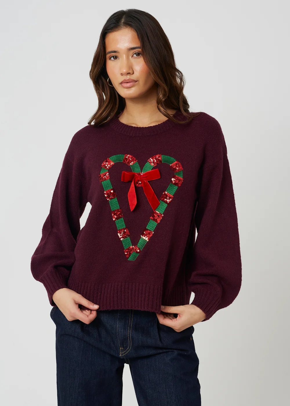 Brave Soul Burgundy Sequin Candy Cane Christmas Jumper - XS Image 1