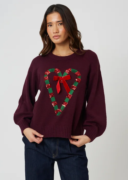 Brave Soul Burgundy Sequin Candy Cane Christmas Jumper - XS Image 1