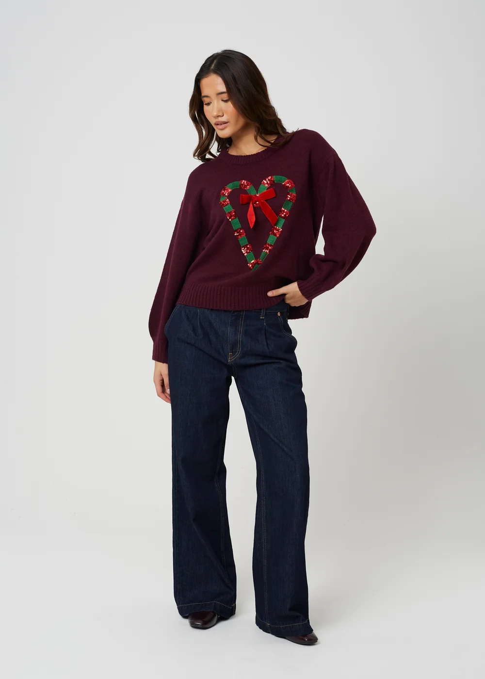 Brave Soul Burgundy Sequin Candy Cane Christmas Jumper - XS Image 3
